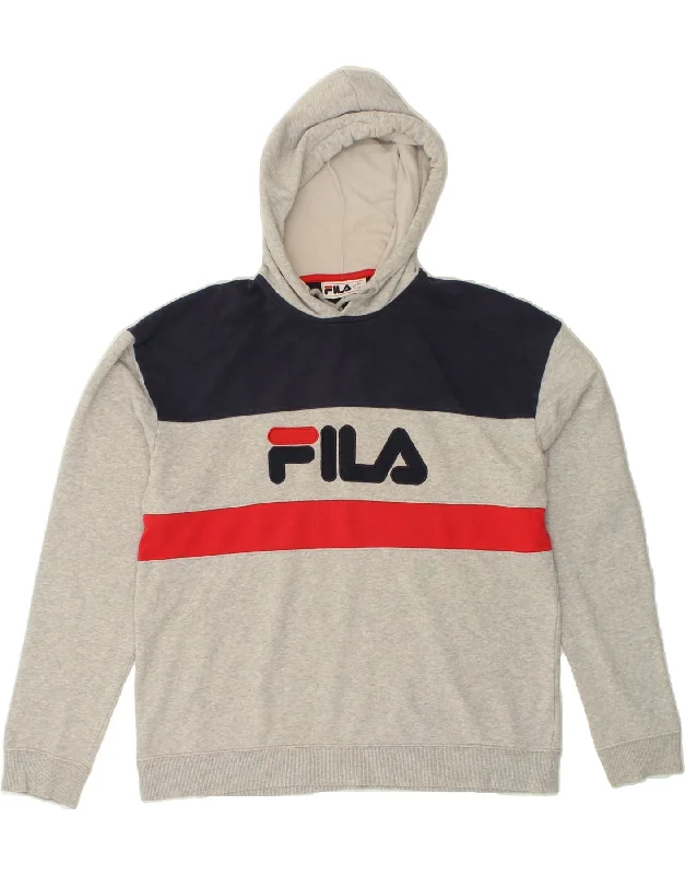 FILA Mens Graphic Hoodie Jumper Large Grey Colourblock Cotton Hoodie with Set-In Sleeves Structured Classic