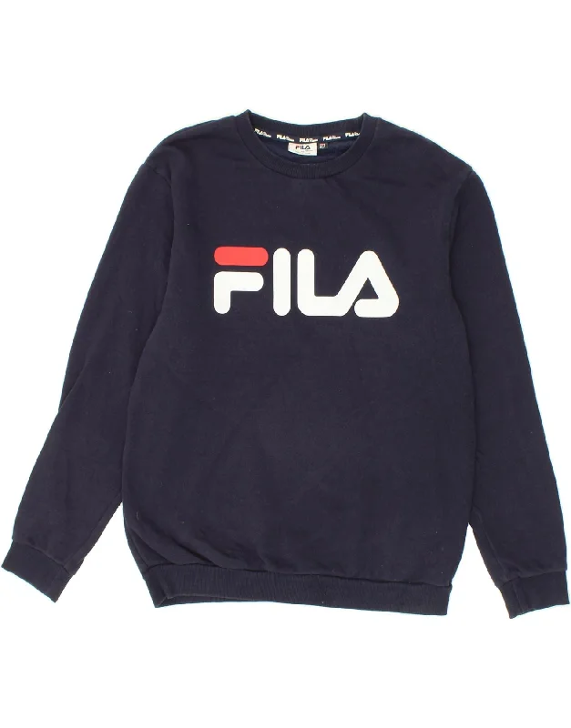 FILA Mens Graphic Sweatshirt Jumper Medium Navy Blue Cotton Hoodie with Zipper Versatile Modern