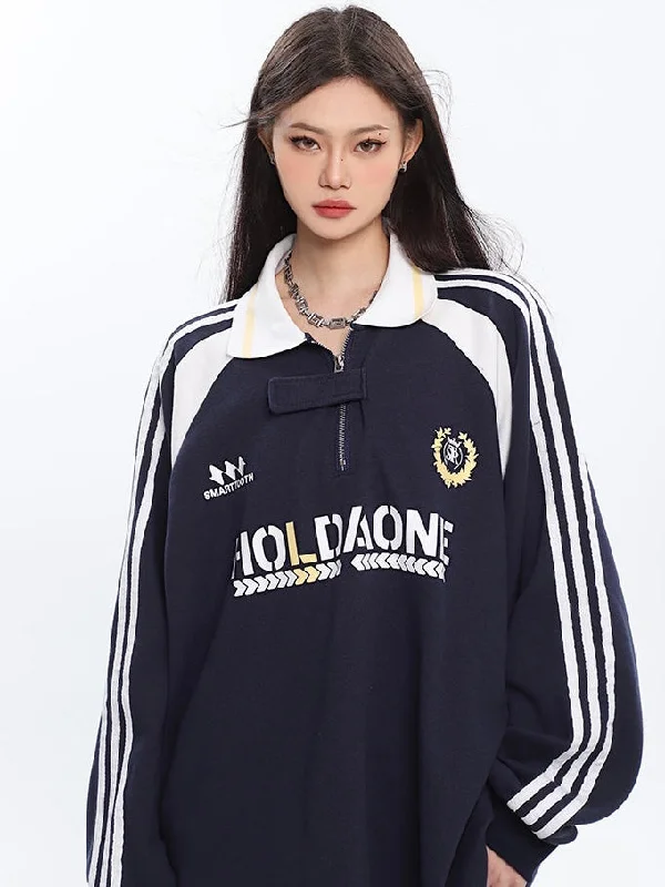 HOLDAON Retro Loose Polo Collar Stripe Long Sleeve Long Sweatshirt Hoodie with Zipper Placket Modern Functional