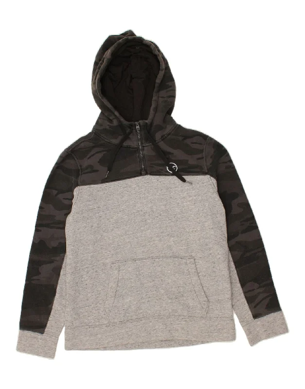 HOLLISTER Mens Zip Neck Hoodie Jumper Medium Grey Camouflage Cotton Hoodie with Typography Text Message