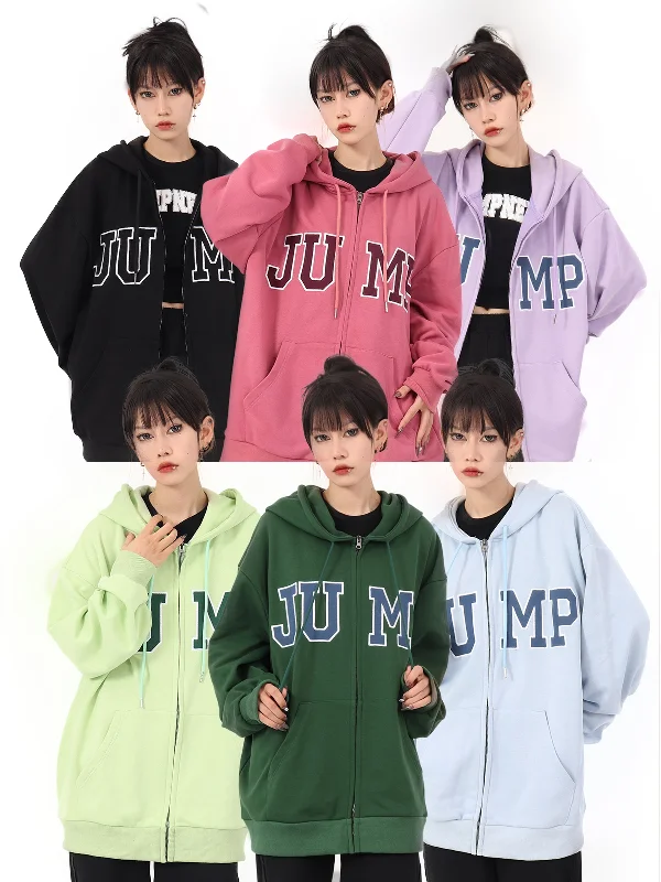 JUMP Big Logo Zip Up Loose Casual Long Sleeve Hoodie Hoodie with Stripes Bold Sporty