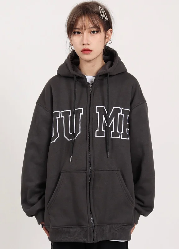 JUMP NEXT Big Logo Embroidery Zipper Loose Casual Long Sleeve Hoodie Hoodie with Distressed Vintage Worn