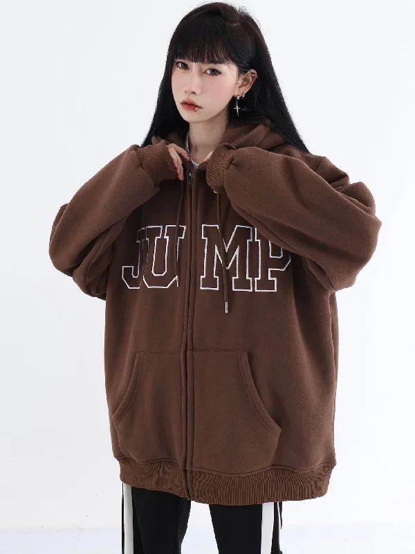 JUMP Seven Color Big Logo Zipper Loose Casual Long Sleeve Hoodie Hoodie with Hem Applique Textured Unique