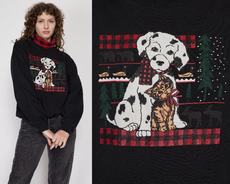 Large 90s Dalmatian & Kitten Winter Sweatshirt Hoodie with Illustration Artistic Creative