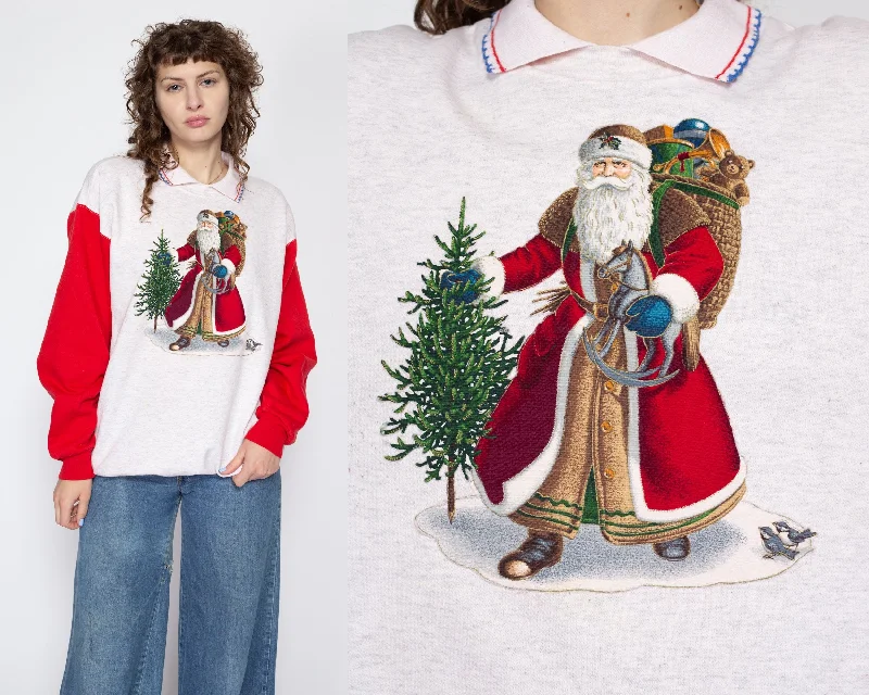 Large 90s Santa Claus Christmas Sweatshirt Hoodie with Set-In Sleeves Structured Classic