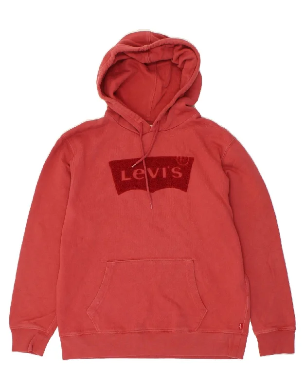 LEVI'S Mens Graphic Hoodie Jumper Medium Red Cotton Hoodie with Mock Neck Collared Structured