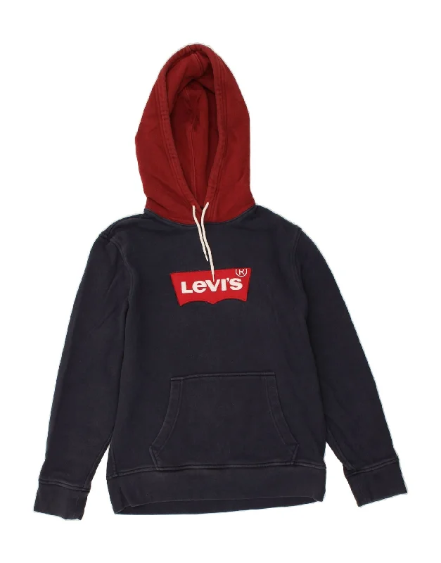 LEVI'S Mens Graphic Hoodie Jumper Small Navy Blue Colourblock Cotton Zip Hoodie Drawstring Kangaroo Pocket