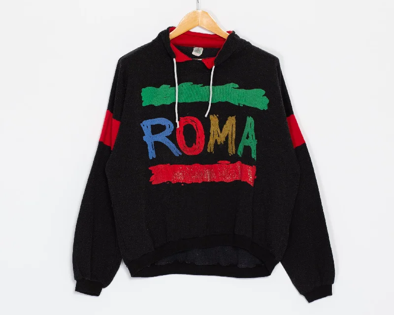 Lrg-XL 80s Roma Italy Drawstring Collar Sweatshirt Hoodie with Emblem Brand Identity