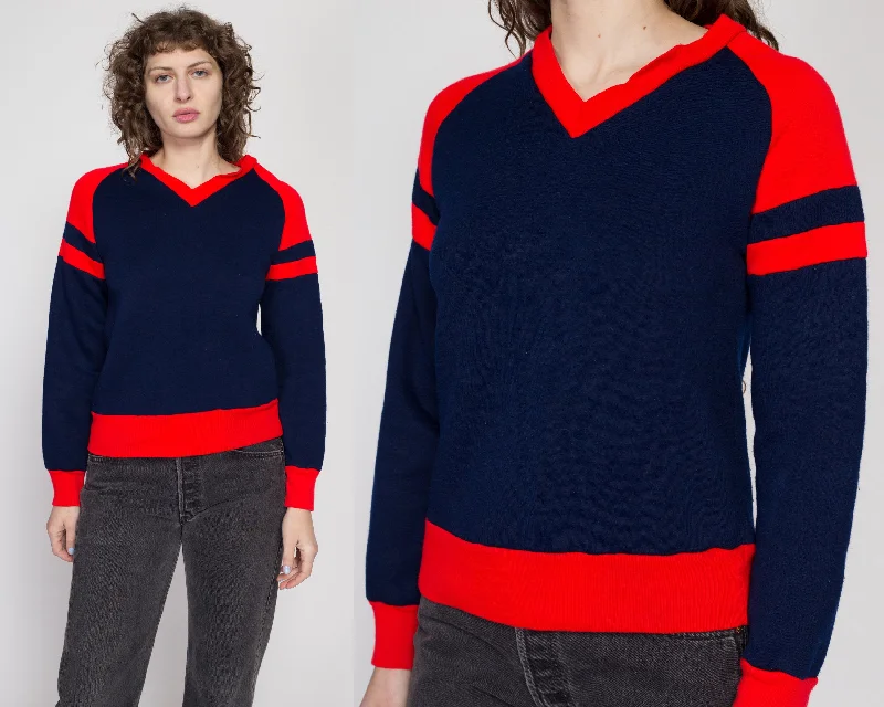 Medium 80s Navy Blue & Red Color Block Sweatshirt Hoodie with Oversized Fit Loose Comfortable