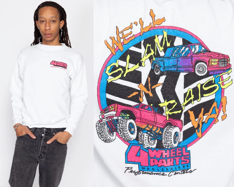 Medium 90s 4 Wheel Parts Trucker Sweatshirt Hoodie with High-Low Hem Asymmetrical Trendy