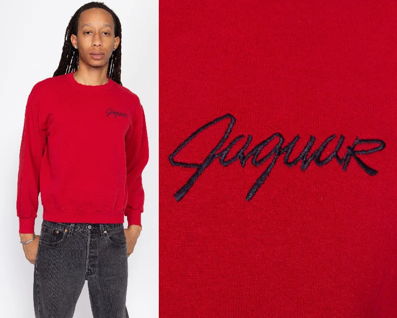 Medium 90s Jaguar Red Sweatshirt Hoodie with Rolled Sleeves Casual Relaxed