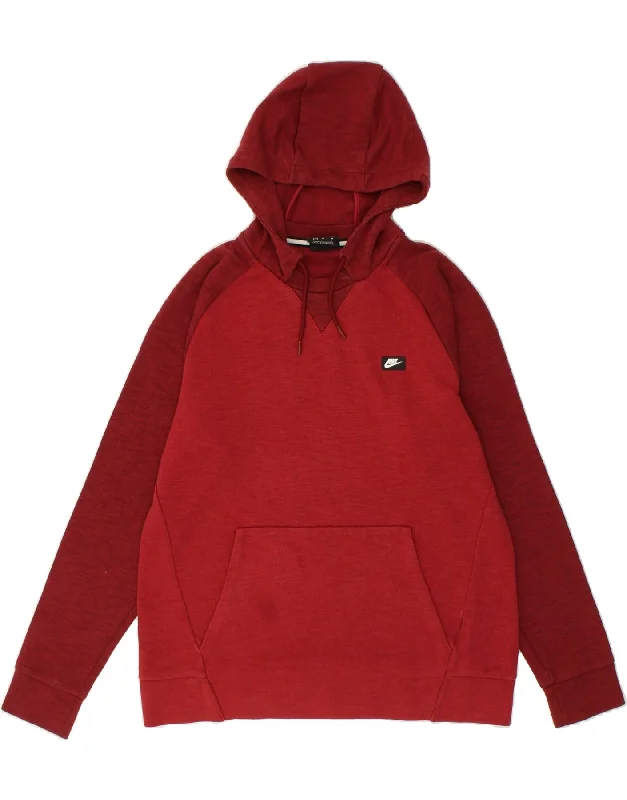 NIKE Mens Hoodie Jumper Medium Red Colourblock Cotton Hoodie with Cuffed Sleeves Snug Secure