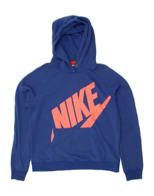 NIKE Womens Graphic Hoodie Jumper UK 14 Medium Navy Blue Cotton Hoodie with Thumb Holes Functional Cozy