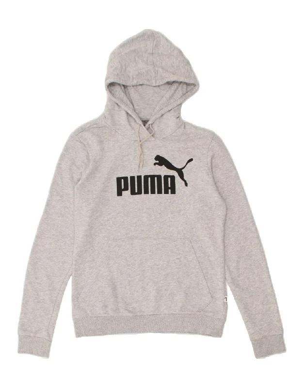 PUMA Womens Graphic Hoodie Jumper UK 10 Small Grey Cotton Hoodie with Raw Hem Edgy Unfinished