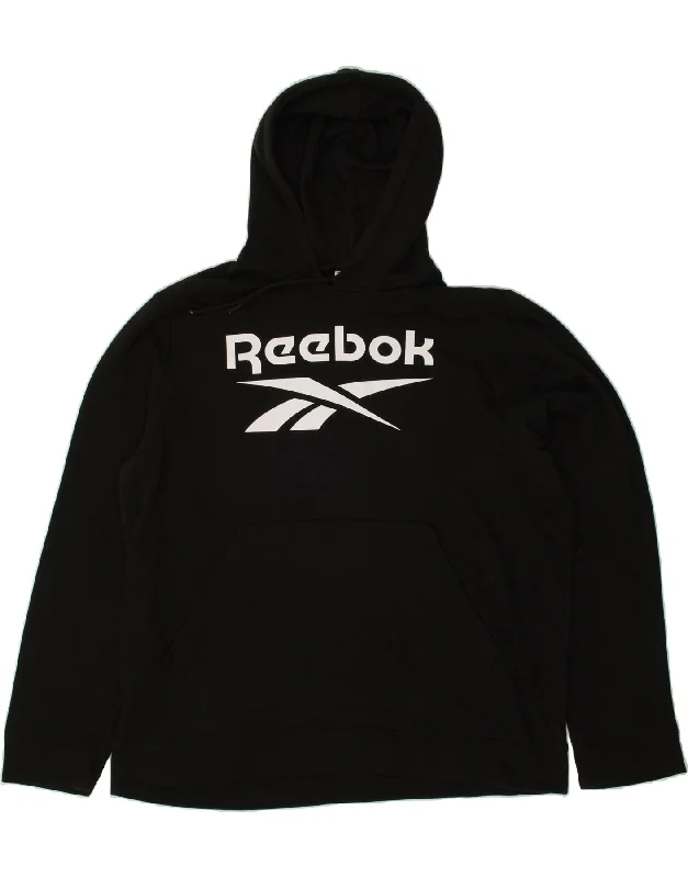 REEBOK Mens Graphic Hoodie Jumper XL Black Cotton Hoodie with Hem Lace Feminine Delicate