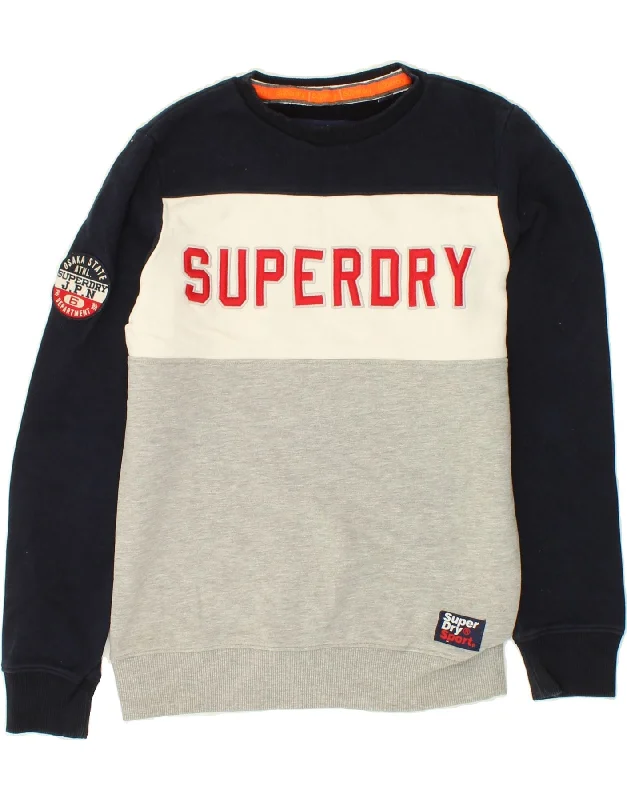 SUPERDRY Mens Graphic Sweatshirt Jumper Small Grey Colourblock Cotton Hoodie with Contrast Stitching Detailed Premium