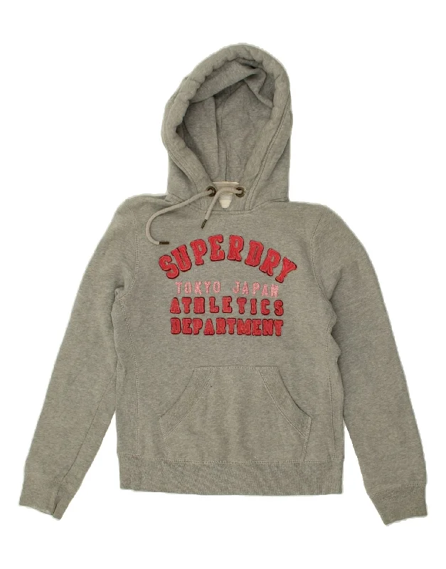 SUPERDRY Womens Graphic Hoodie Jumper UK 16 Large Grey Cotton Hoodie with Hem Contrast Bold Stylish