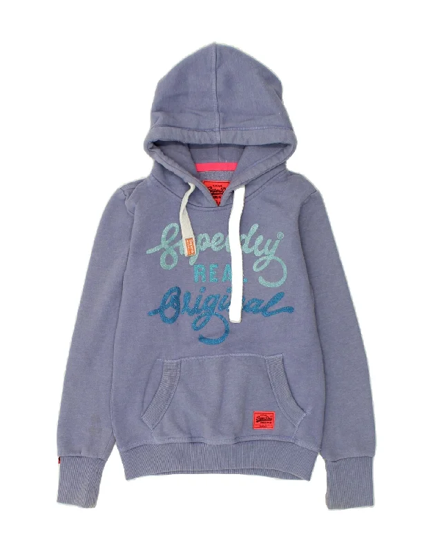 SUPERDRY Womens Graphic Hoodie Jumper UK 6 XS Blue Cotton Hoodie with Hem Detail Decorative Unique