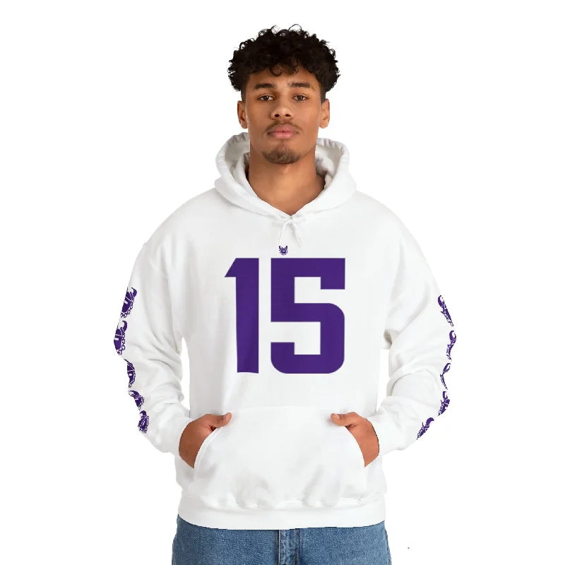 Unisex Heavy Blend™ Hooded Sweatshirt - Jersey #15 + Game Day Helmet (Sleeves) Hoodie with Hem Ribbing Snug Secure