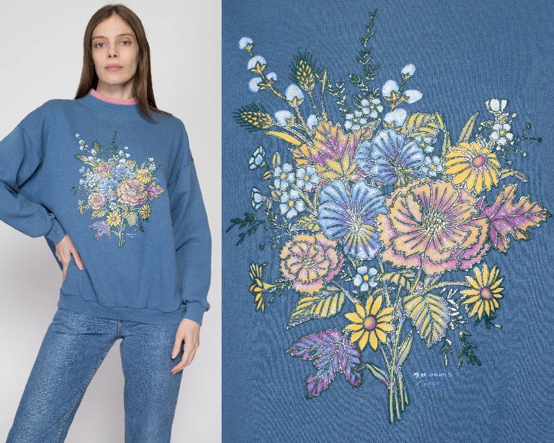 XL 90s Blue Flower Bouquet Collared Sweatshirt Hoodie with Color Block Contrast Stylish