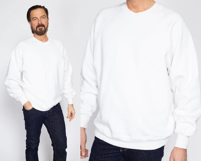 XL 90s White Raglan Sleeve Crewneck Sweatshirt Hoodie with Hem Raw Edge Edgy Unfinished