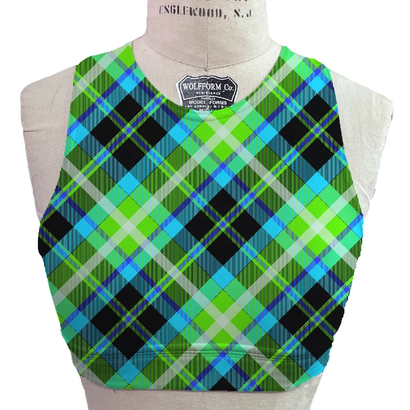 Lime Plaid Crew Neck Bra Lace-Trimmed Bra