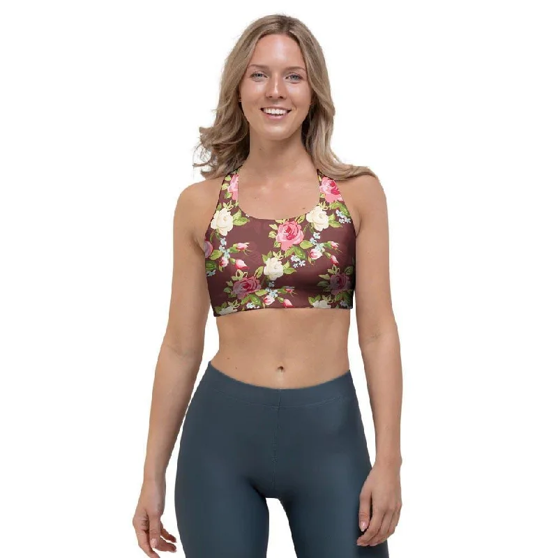 Rose Floral Print Sports Bra Chic Lace Bralette