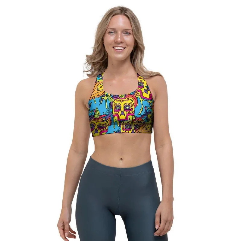 Skull Trippy Psychedelic Sports Bra Supportive Cotton Bra