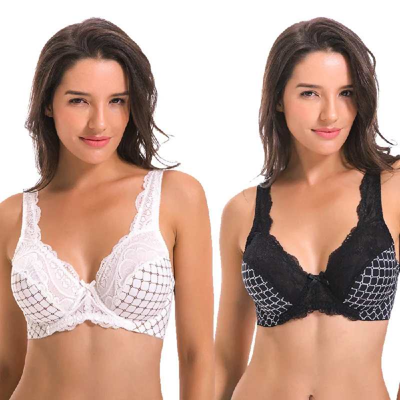 Women's Minimizer Unlined Underwire Bra With Lace Embroidery Minimalist Wireless Bra Women's Minimizer Unlined Underwire Bra With Lace Embroidery Minimalist Wireless Bra