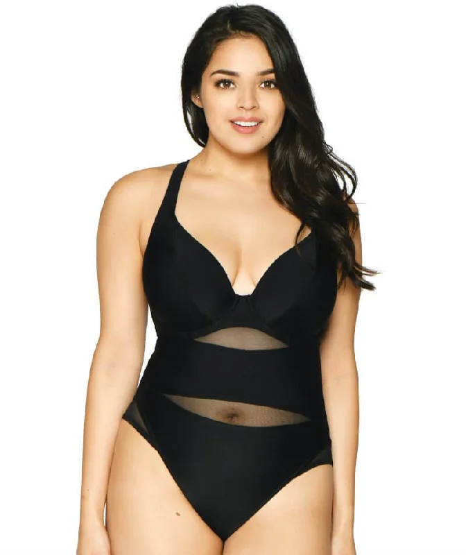 Curvy Kate Sheer Class Plunge One Piece Swimsuit - Black Beach Ready Swimsuit