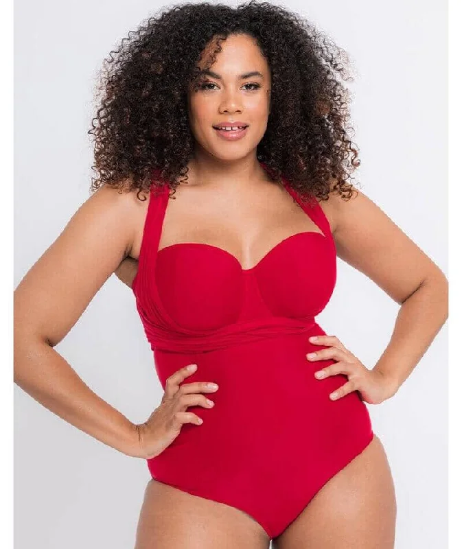 Curvy Kate Wrapsody Bandeau One Piece Swimsuit - Red Elegant Ruffle Swimsuit