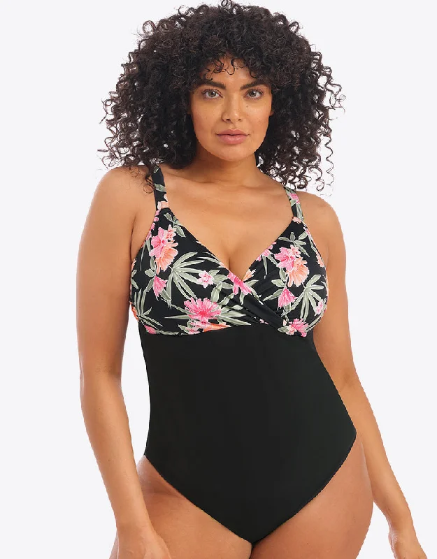 Elomi Dark Tropics Moulded Swimsuit Black Sleek Full Coverage