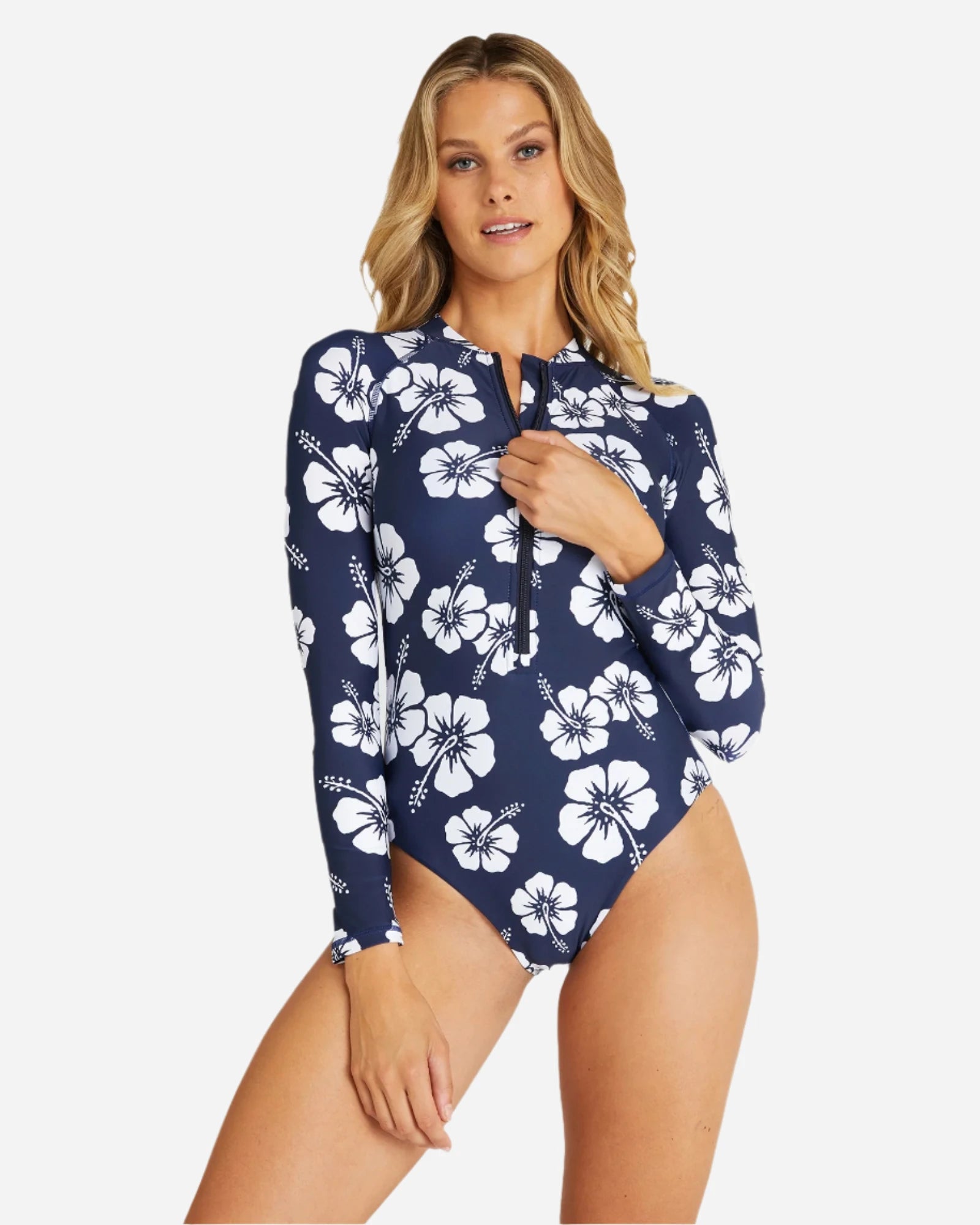 Womens - Swim Long Sleeve Suit - Hibiscus Navy Swimsuit with Skirt