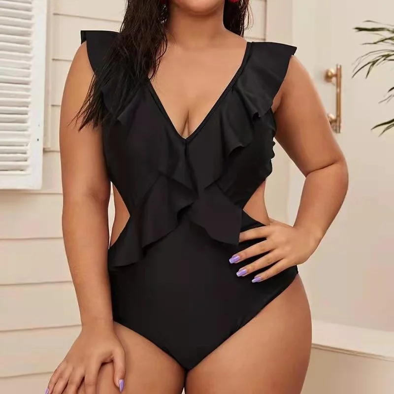 Plus Size Women Summer Beach Vacation Ruffled Solid Color One Piece Swimwear Classic One-Piece