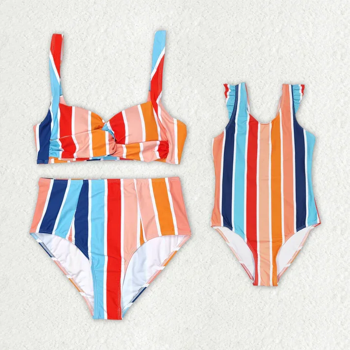 RTS no moq Mommy and Me Adult Baby Girls Summer Stripes Swimsuits.adult with kids swim Monokini Swimsuit Design