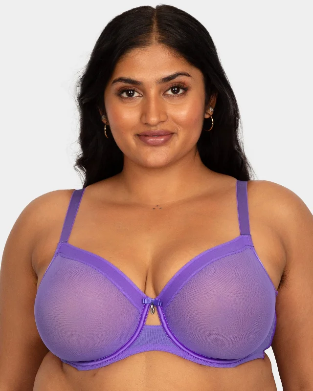 Sheer Mesh Full Coverage Unlined Underwire Bra - Violet Push-Up Bralette Set