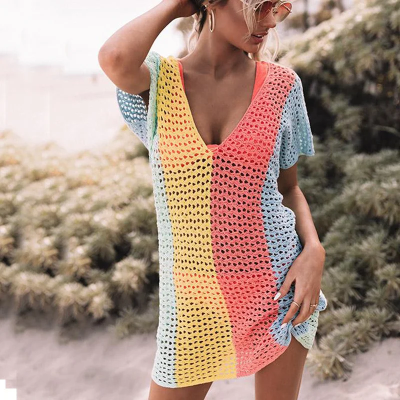 Summer Women Seaside Vacation Hollow Crochet Gradient Rainbow Color Sexy V-Neck Swimwear Cove-Ups Sporty Swim Shorts