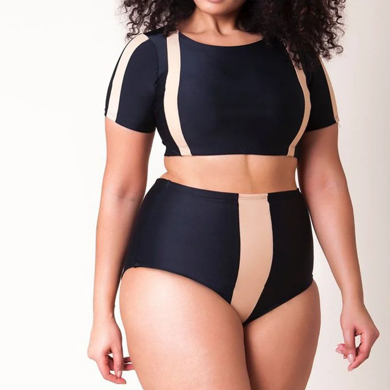 Women Color Blocking Plus Size High-Waisted Two-Piece Swimwear Comfortable Swim Dress