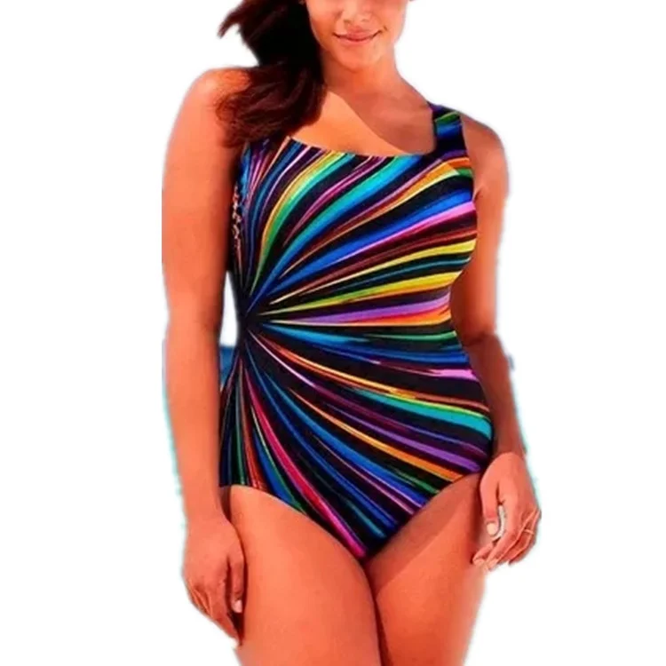 Women Elegant Sleeveless Plus Size Striped One Piece Swimwear Swim Skirt Set