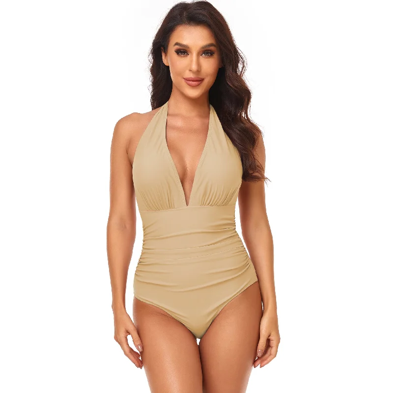 Women Simple Solid Color Shirring Halter Neck One-Piece Swimwear Lace Back Bikini