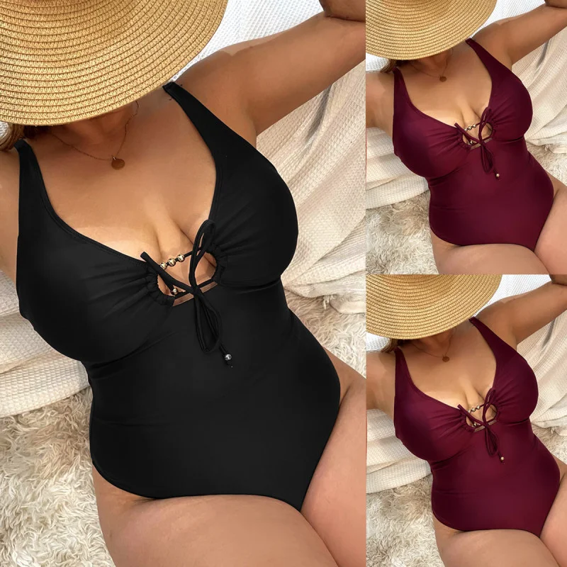 Women'S Solid Color Strap High Waist Sexy Plus Size One Piece Swimsuit Crisscross Back Swimsuit