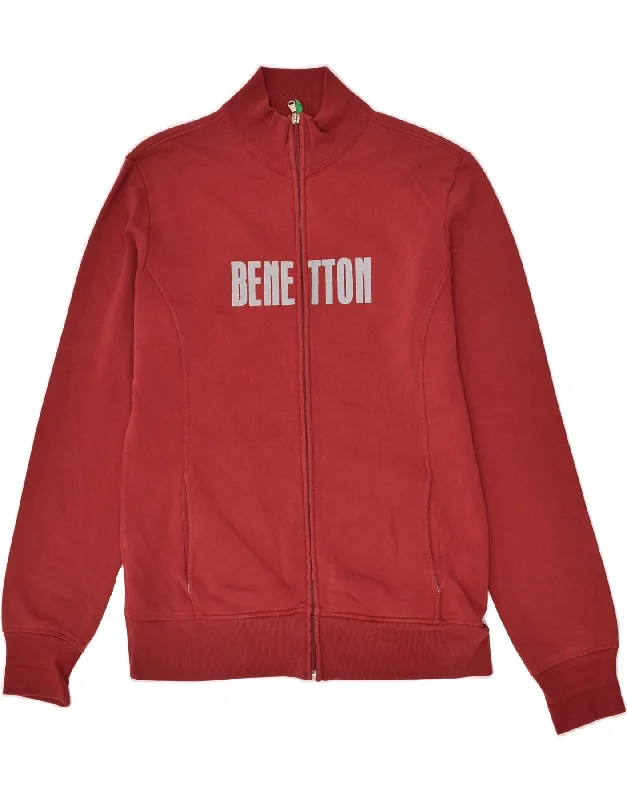 BENETTON Womens Graphic Tracksuit Top Jacket UK 16 Large Red Cotton Fleece Jacket Down Jacket Parka