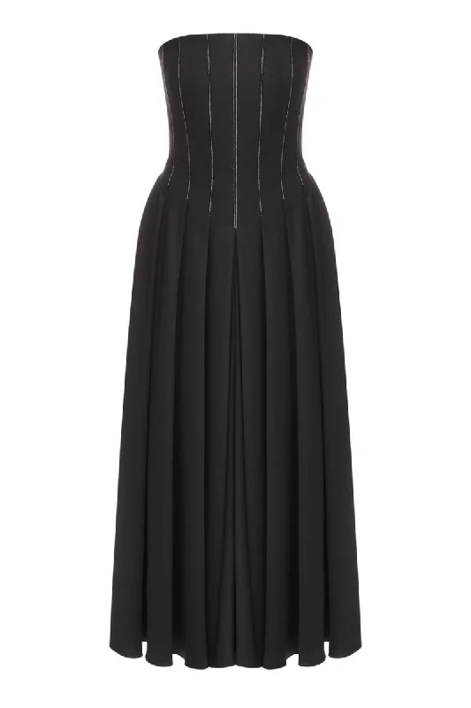 BLACK WOOL CORSET MIDI DRESS WITH WHITE STITCH DETAIL Stylish Button-Down Midi Dress BLACK WOOL CORSET MIDI DRESS WITH WHITE STITCH DETAIL Stylish Button-Down Midi Dress