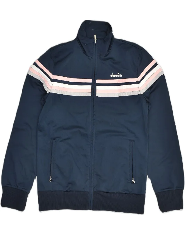 DIADORA Womens Tracksuit Top Jacket UK 12 Medium Navy Blue Colourblock Front Pockets Side Pockets Patch Pockets