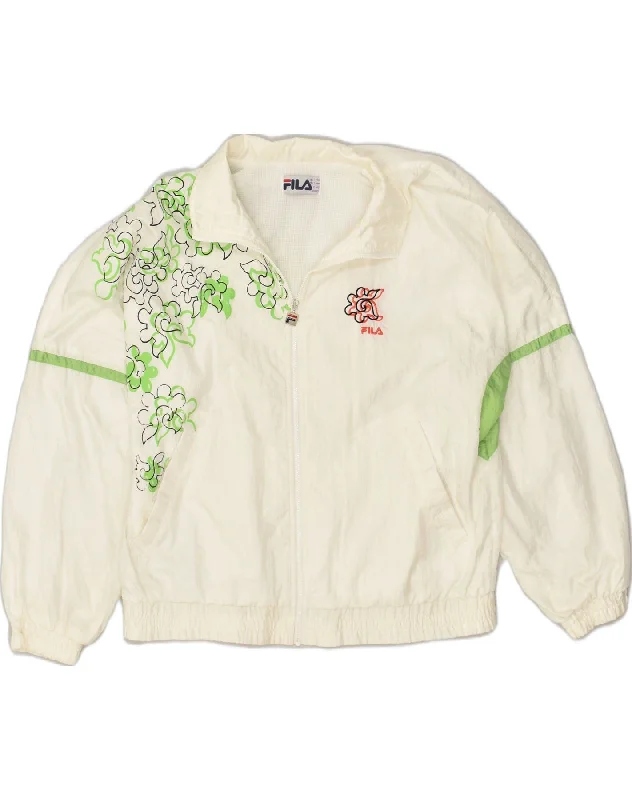 FILA Womens Graphic Tracksuit Top Jacket IT 46 Large White Floral Front Pockets Side Pockets Patch Pockets