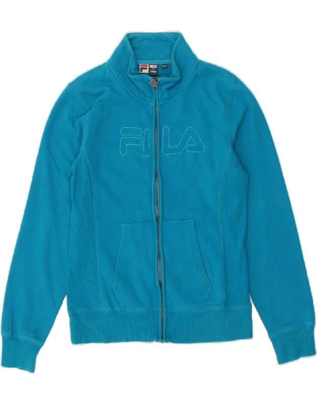 FILA Womens Graphic Tracksuit Top Jacket UK 12 Medium Blue Cotton Nylon Fabric Polyester Fabric Spandex Fabric