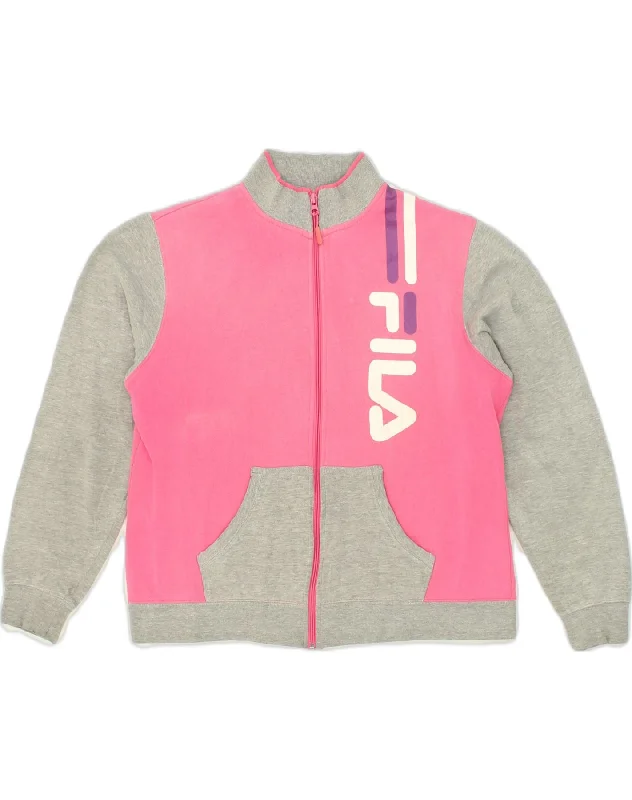 FILA Womens Graphic Tracksuit Top Jacket UK 18 XL Pink Colourblock Cotton Boat Neck Shawl Collar Notched Collar