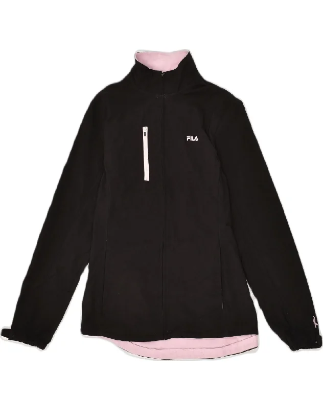 FILA Womens Tracksuit Top Jacket UK 14 Medium Black Polyester Snapped Jacket Toggled Jacket Drawstring Jacket