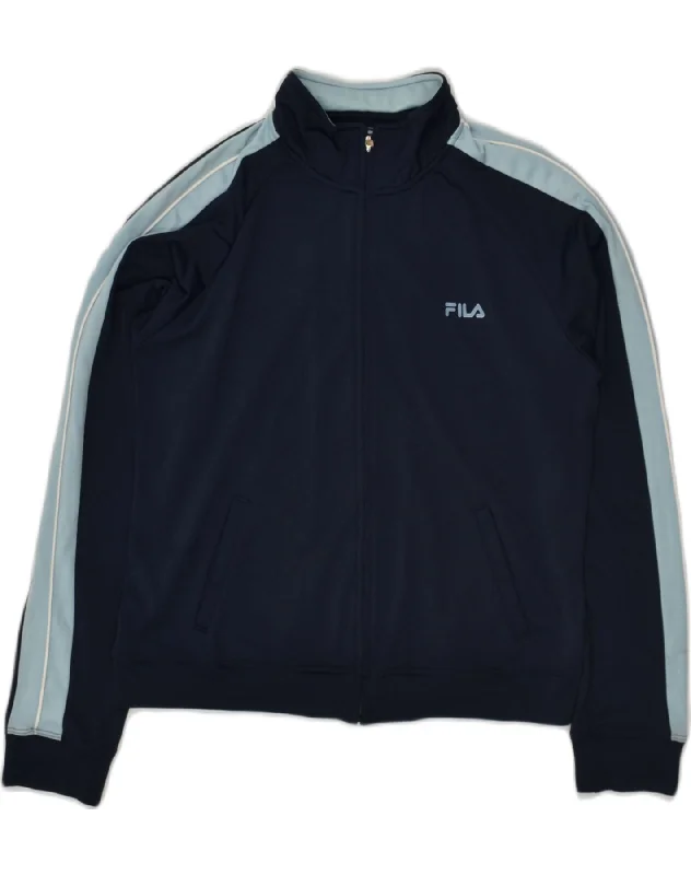 FILA Womens Tracksuit Top Jacket UK 16 Large Navy Blue Colourblock Nylon Collared Jacket Crew Neck Jacket Turtle Neck Jacket