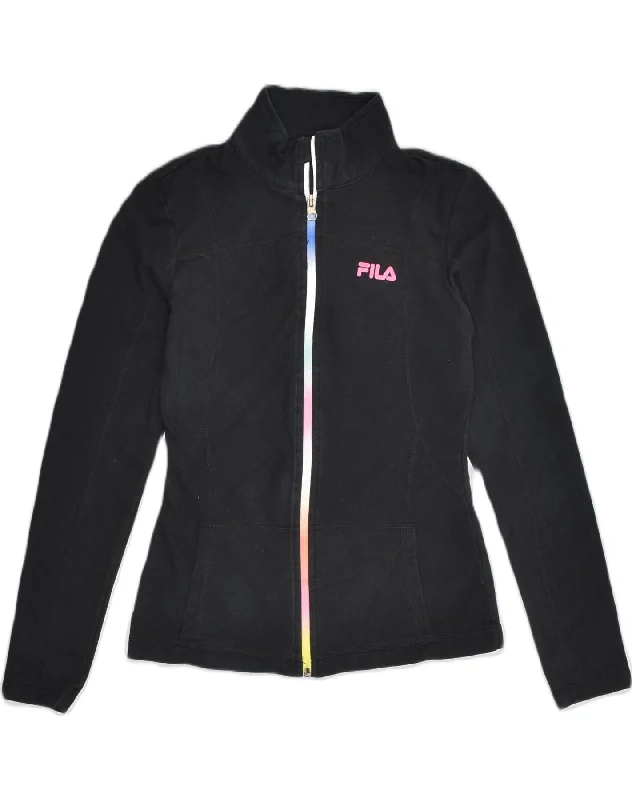 FILA Womens Tracksuit Top Jacket UK 6 XS Black Cotton Faux Fur Fabric Real Fur Fabric Shearling Fabric